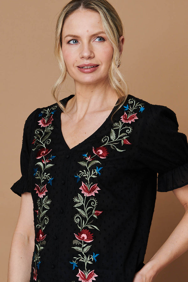 Black | Floral Embroidery Puff Sleeve Blouse