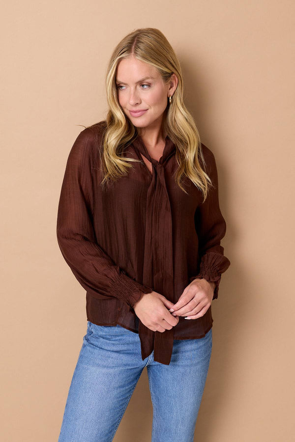 Brown | Tie Front High Neck Relaxed Blouse