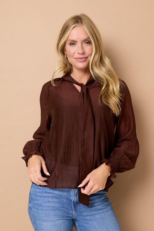 Brown | Tie Front High Neck Relaxed Blouse