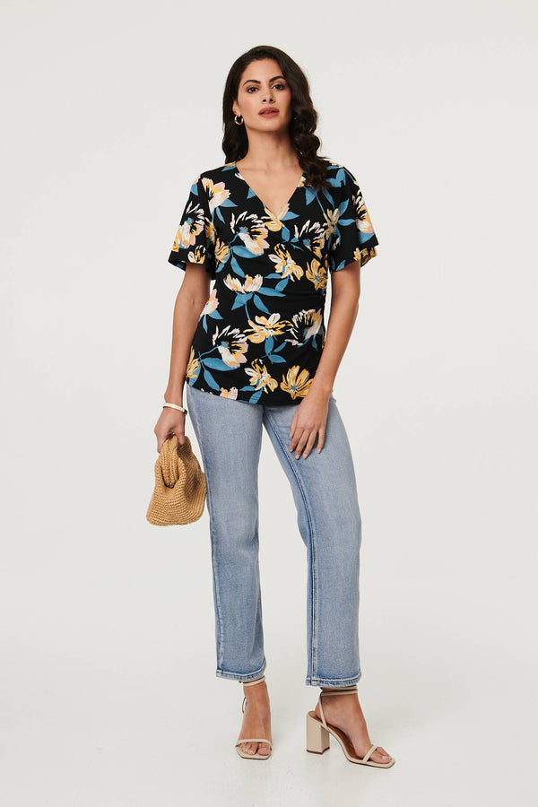 Black | Floral Short Angel Sleeve Wrap Front Top
