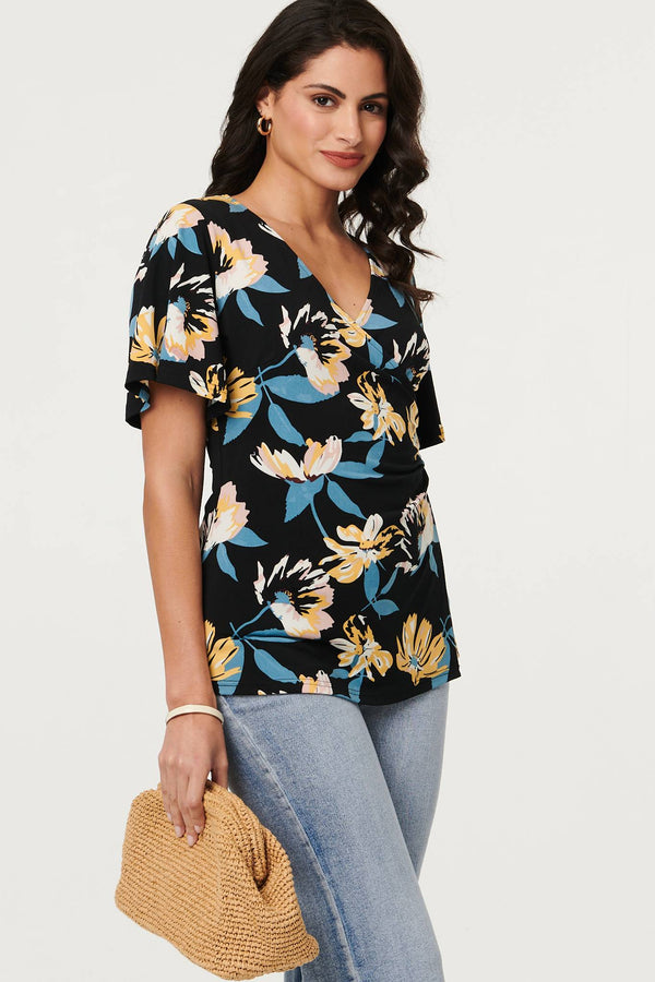 Black | Floral Short Angel Sleeve Wrap Front Top
