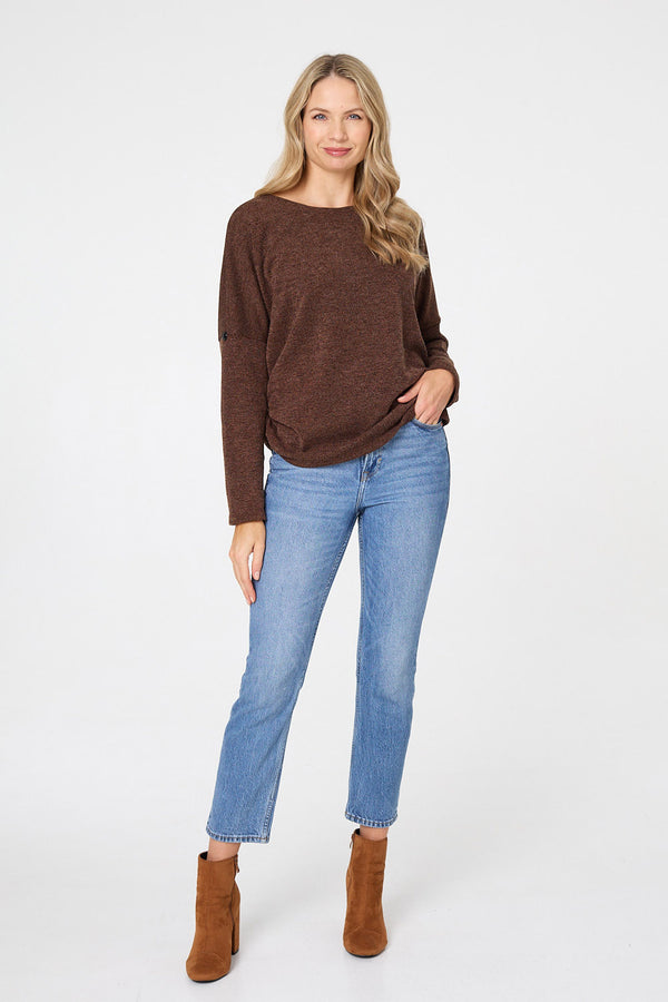 Brown | Metallic Textured Batwing Sleeve Jumper
