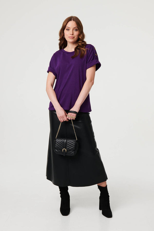 Purple | Button Trim Short Sleeve Relaxed Top