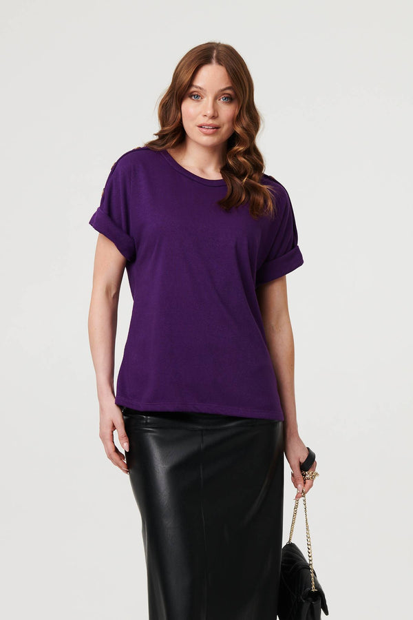 Purple | Button Trim Short Sleeve Relaxed Top