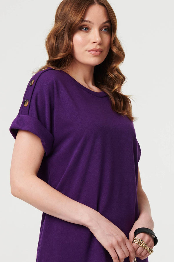 Purple | Button Trim Short Sleeve Relaxed Top