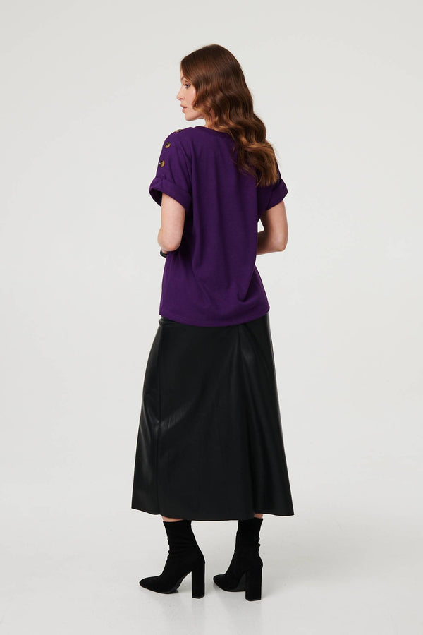 Purple | Button Trim Short Sleeve Relaxed Top