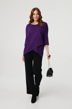 Purple | Asymmetric Zip Hem 3/4 Sleeve Tunic Top
