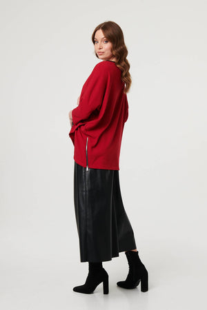 Red | Asymmetric Zip Hem 3/4 Sleeve Tunic Top
