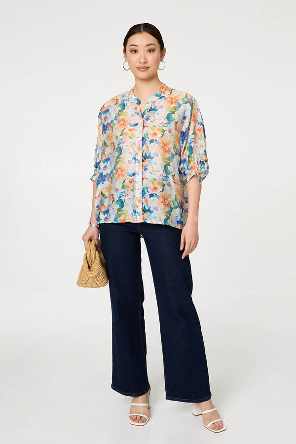 Blue | Floral 3/4 Sleeve Relaxed Button Blouse