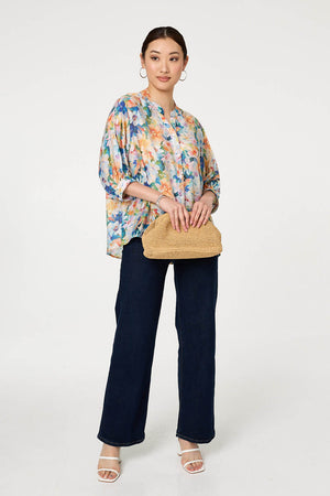 Blue | Floral 3/4 Sleeve Relaxed Button Blouse