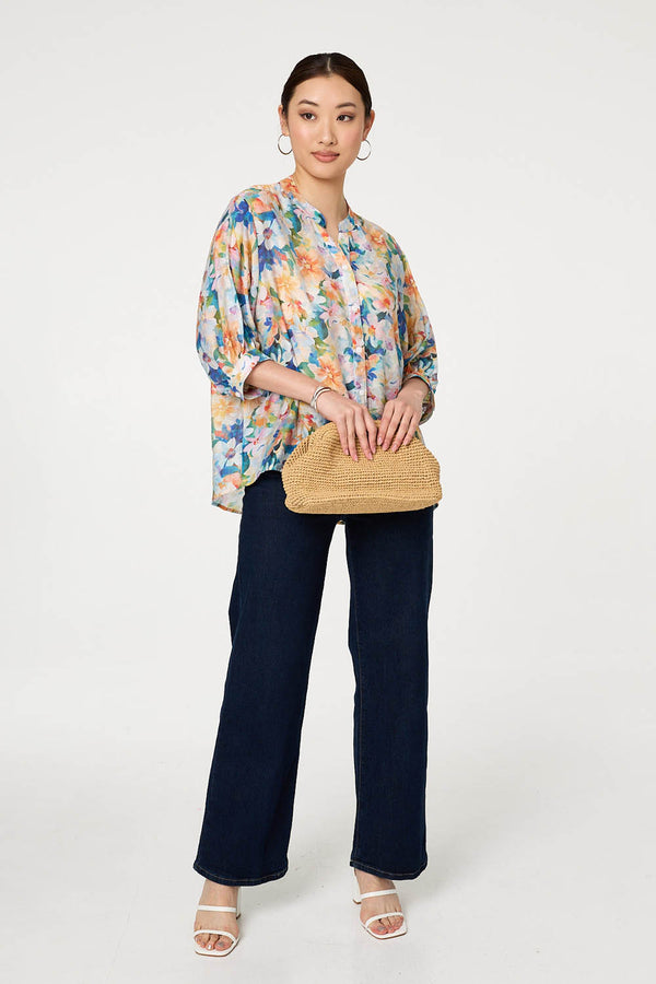Blue | Floral 3/4 Sleeve Relaxed Button Blouse