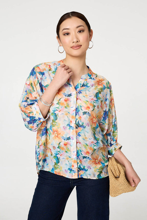 Blue | Floral 3/4 Sleeve Relaxed Button Blouse