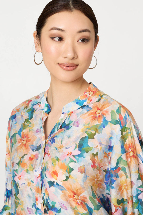 Blue | Floral 3/4 Sleeve Relaxed Button Blouse