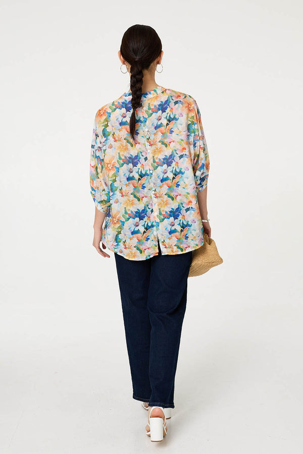 Blue | Floral 3/4 Sleeve Relaxed Button Blouse