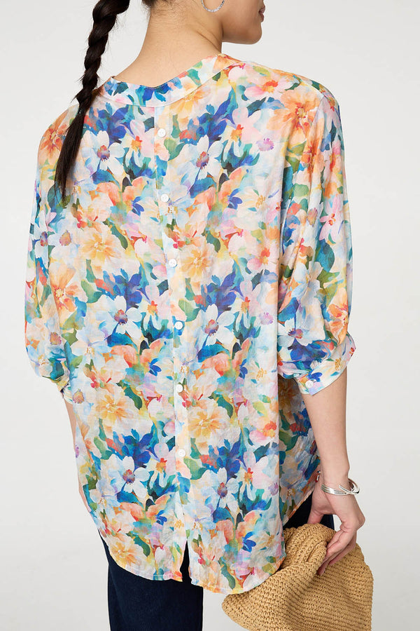 Blue | Floral 3/4 Sleeve Relaxed Button Blouse