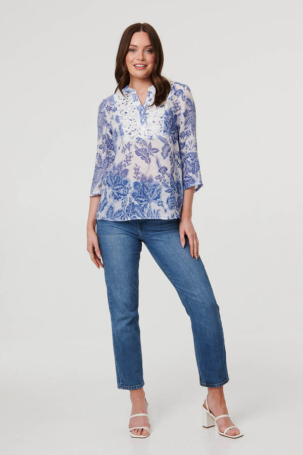 Blue | Floral Lace Detail 3/4 Sleeve Blouse