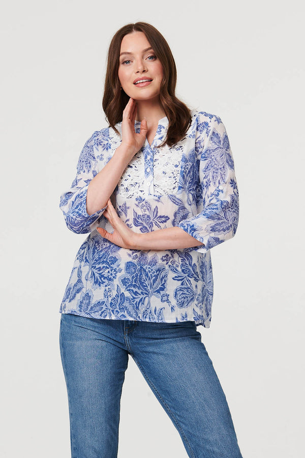 Blue | Floral Lace Detail 3/4 Sleeve Blouse