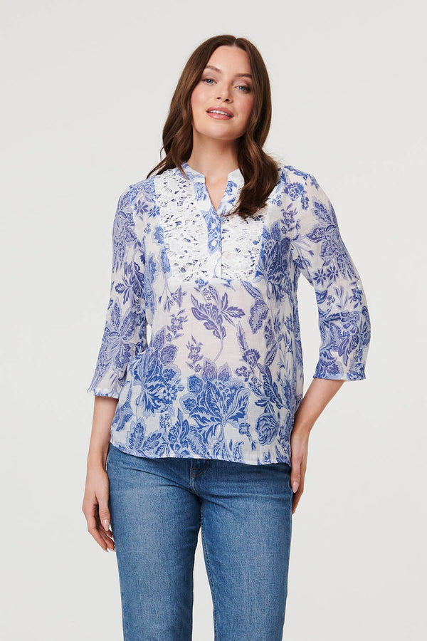 Blue | Floral Lace Detail 3/4 Sleeve Blouse