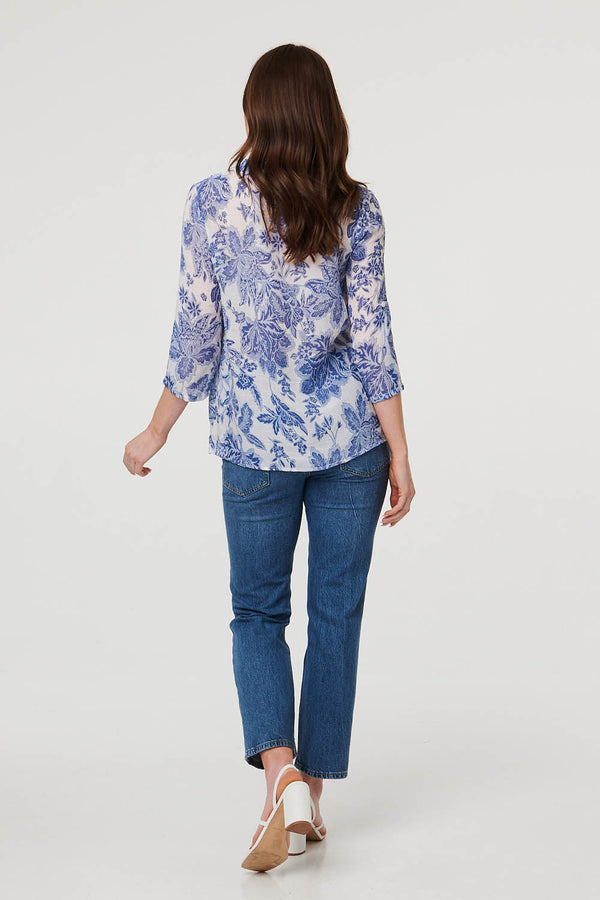 Blue | Floral Lace Detail 3/4 Sleeve Blouse