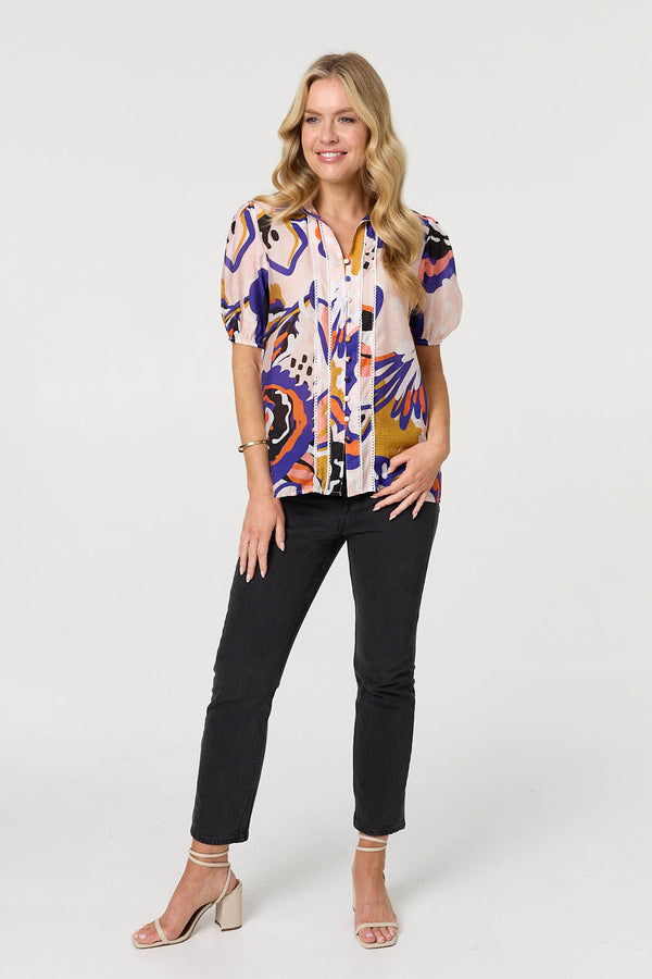 Pink | Abstract Lace Short Puff Sleeve Shirt
