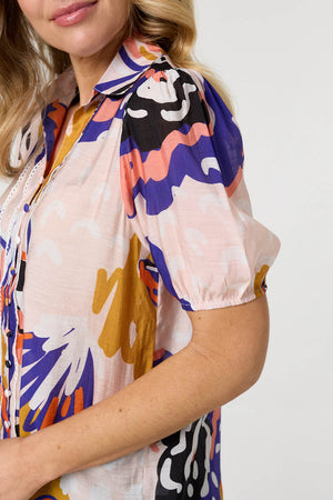 Pink | Abstract Lace Short Puff Sleeve Shirt