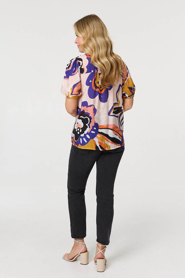 Pink | Abstract Lace Short Puff Sleeve Shirt