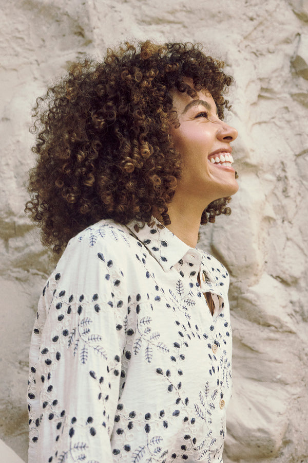 White | Embroidered Detail Long Sleeve Shirt : Model is 5'8"/172 cm and wears UK8/EU36/US4/AUS8