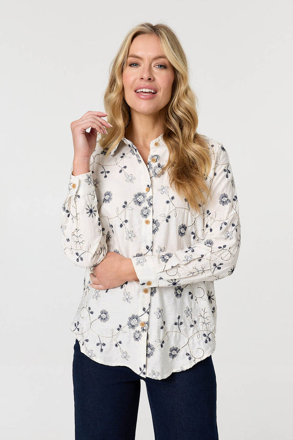 White | Embroidered Detail Long Sleeve Shirt : Model is 5'10"/178 cm and wears UK8/EU36/US4/AUS8
