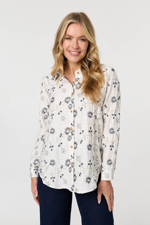 White | Embroidered Detail Long Sleeve Shirt