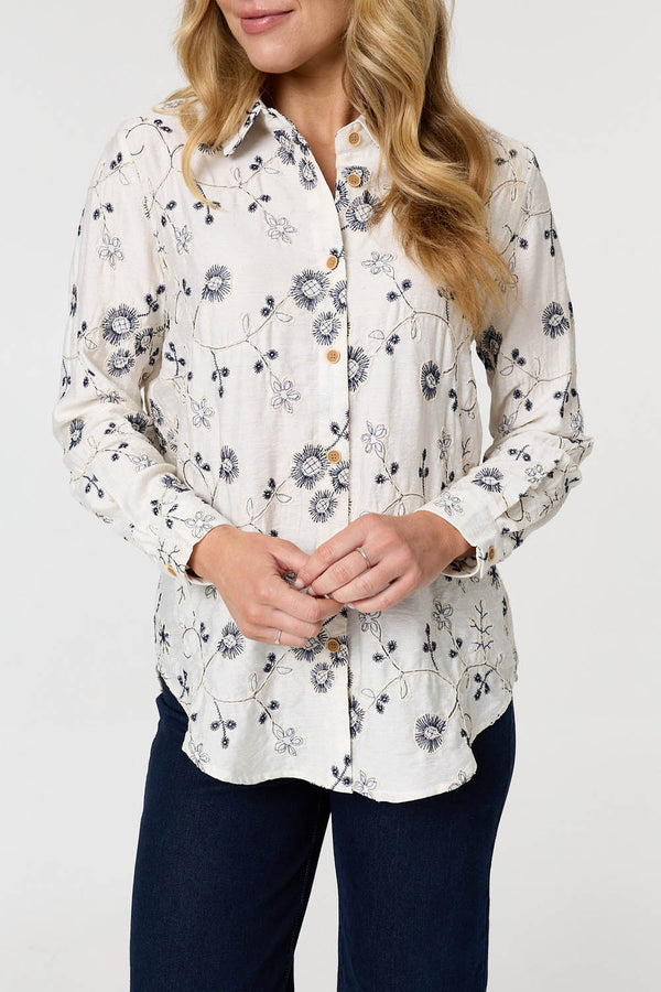 White | Embroidered Detail Long Sleeve Shirt