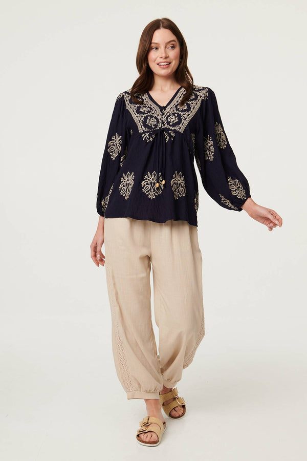 Navy | Border Print Tie Front Relaxed Blouse