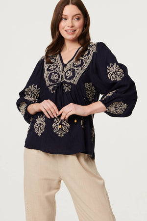 Navy | Border Print Tie Front Relaxed Blouse