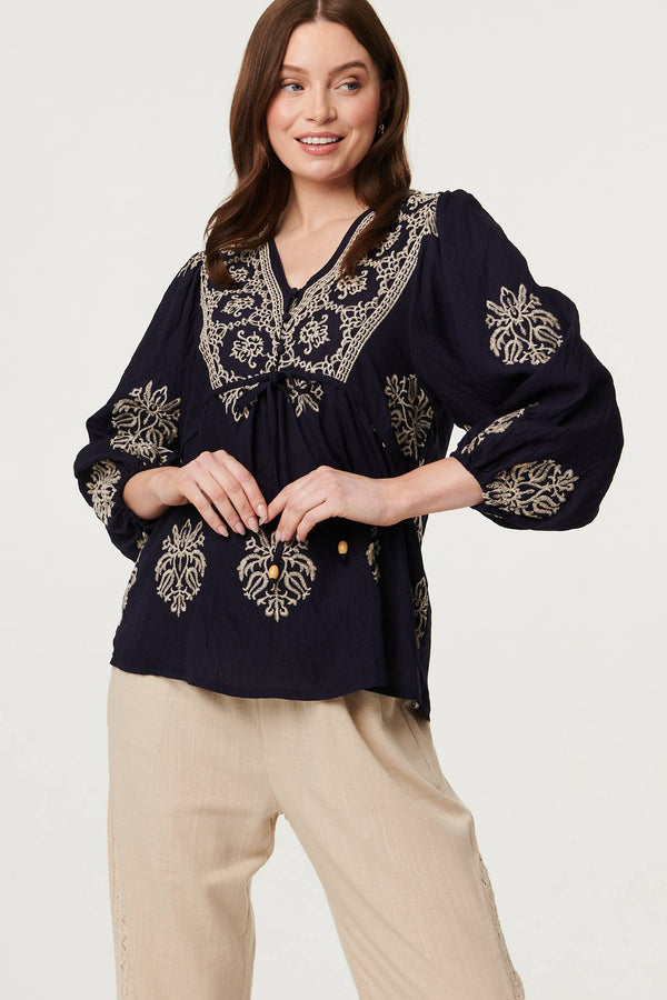 Navy | Border Print Tie Front Relaxed Blouse