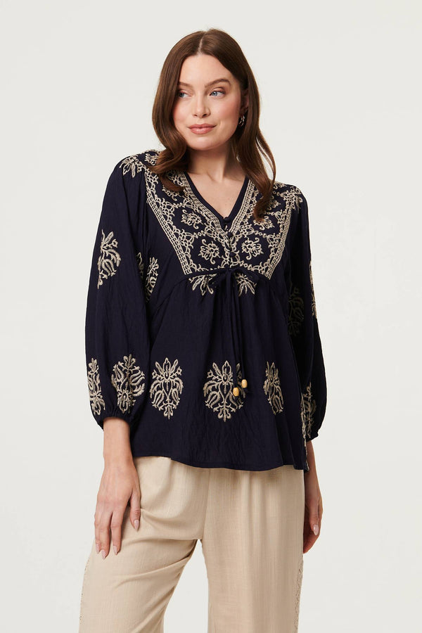 Navy | Border Print Tie Front Relaxed Blouse