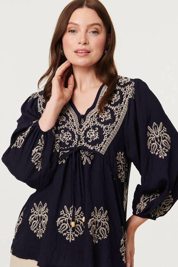 Navy | Border Print Tie Front Relaxed Blouse