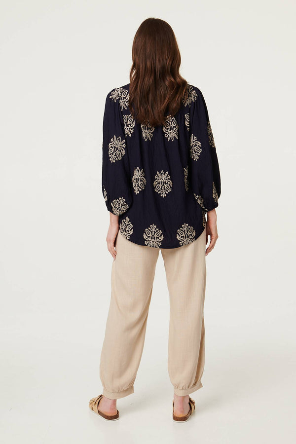 Navy | Border Print Tie Front Relaxed Blouse