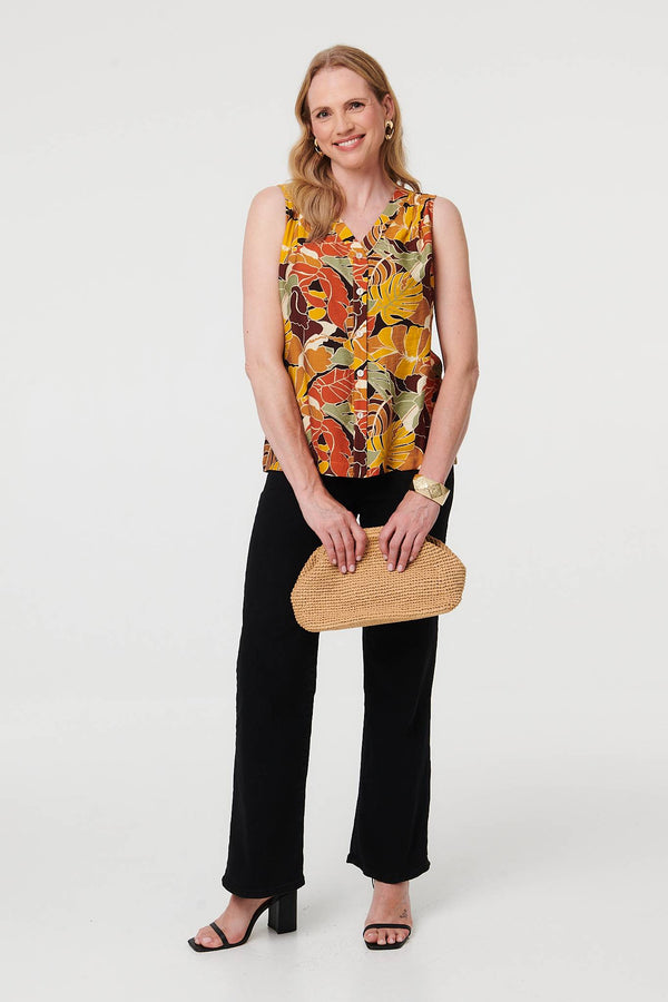 Orange | Leaf Print Sleeveless Buttoned Vest Top