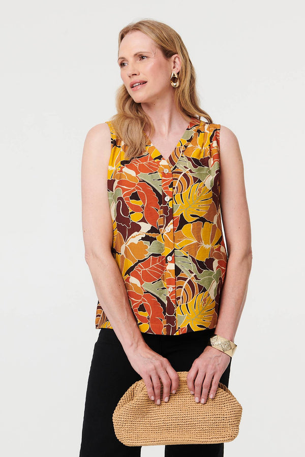 Orange | Leaf Print Sleeveless Buttoned Vest Top