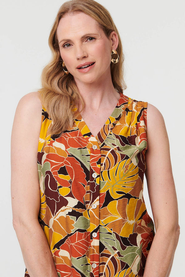 Orange | Leaf Print Sleeveless Buttoned Vest Top
