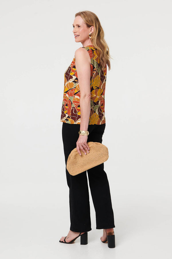 Orange | Leaf Print Sleeveless Buttoned Vest Top