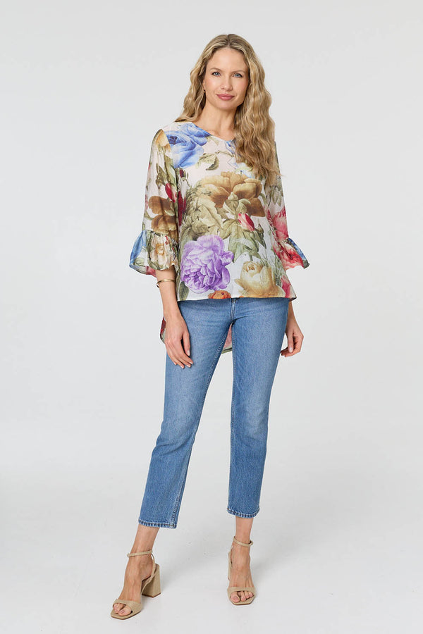 Cream | Floral 3/4 Flare Sleeve Curve Hem Blouse