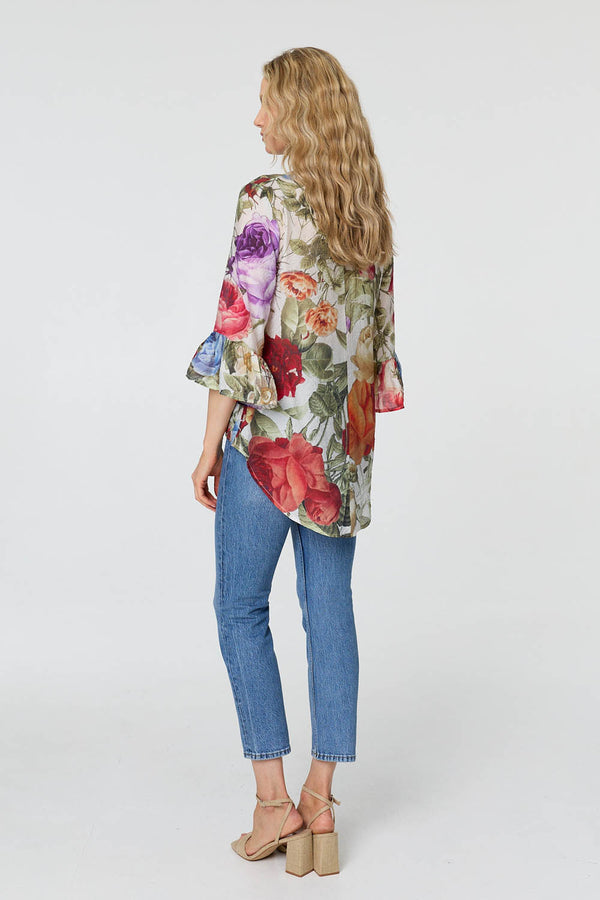 Cream | Floral 3/4 Flare Sleeve Curve Hem Blouse