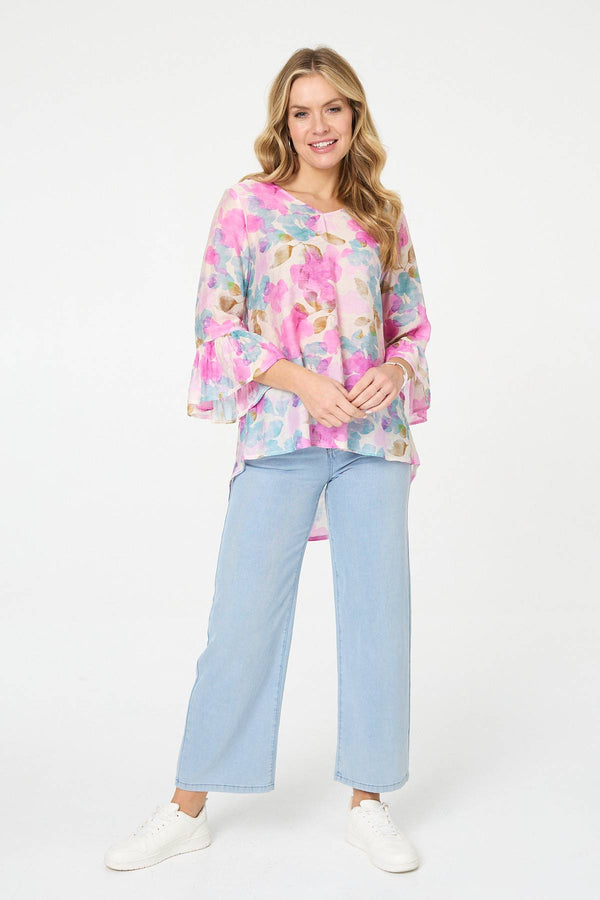 Pink | Floral Curve Hem 3/4 Flare Sleeve Blouse