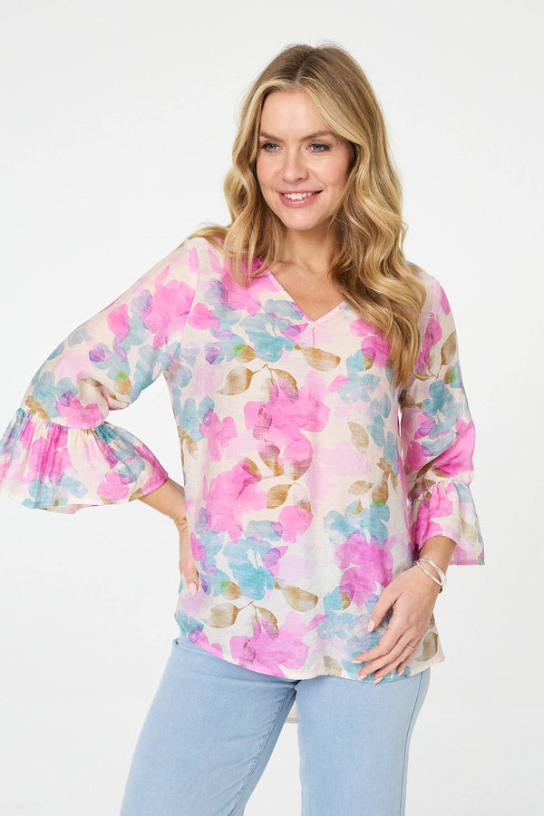Pink | Floral Curve Hem 3/4 Flare Sleeve Blouse