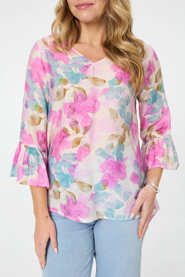 Pink | Floral Curve Hem 3/4 Flare Sleeve Blouse