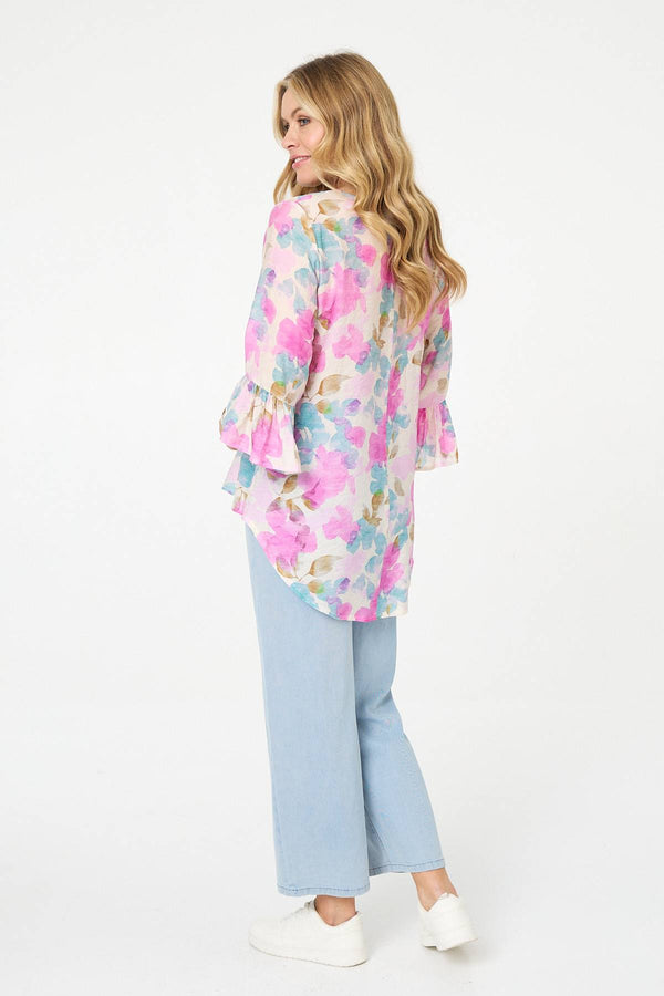 Pink | Floral Curve Hem 3/4 Flare Sleeve Blouse