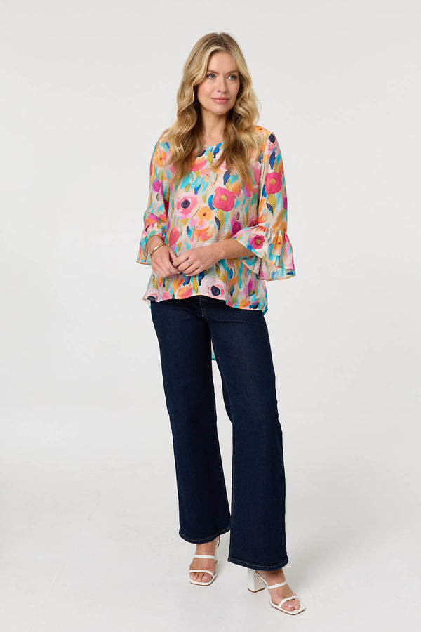 Pink | Abstract Floral 3/4 Flared Sleeve Blouse