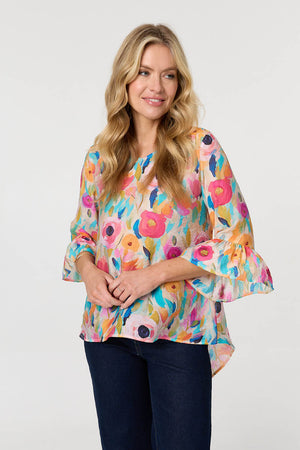 Pink | Abstract Floral 3/4 Flared Sleeve Blouse : Model is 5'10