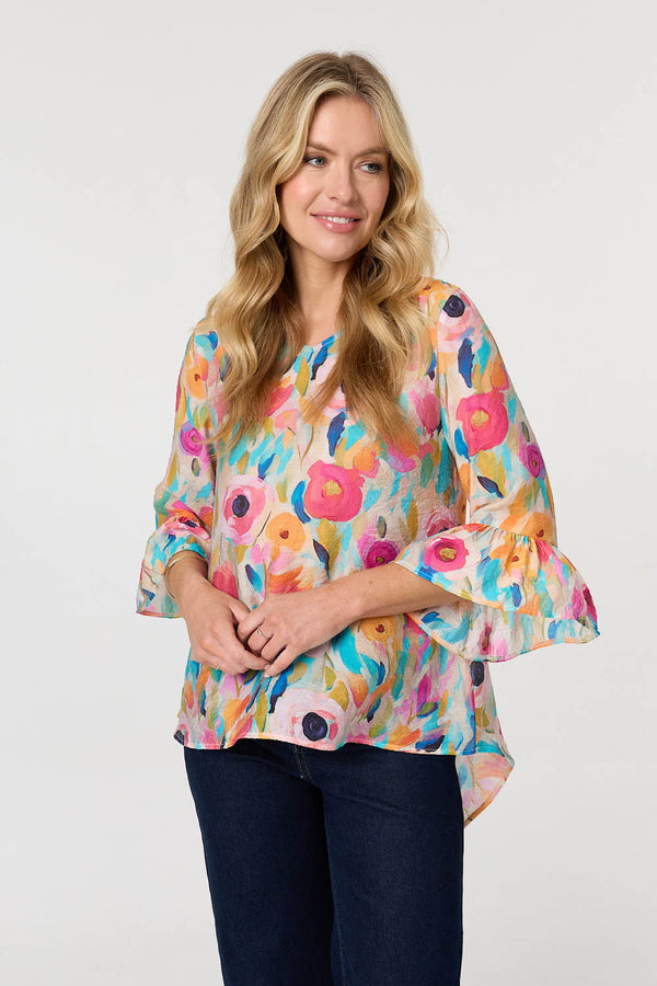 Pink | Abstract Floral 3/4 Flared Sleeve Blouse : Model is 5'10"/178 cm and wears UK8/EU36/US4/AUS8
