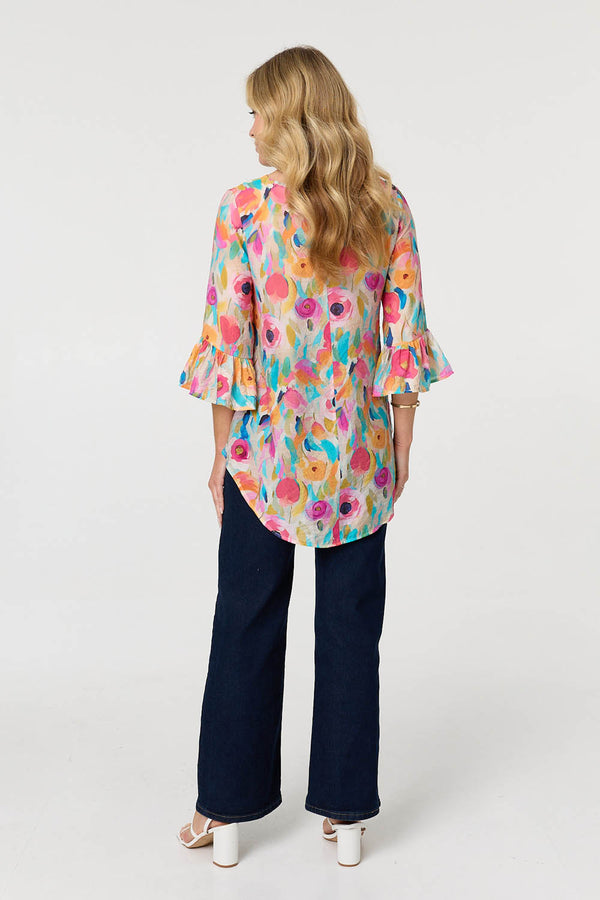 Pink | Abstract Floral 3/4 Flared Sleeve Blouse